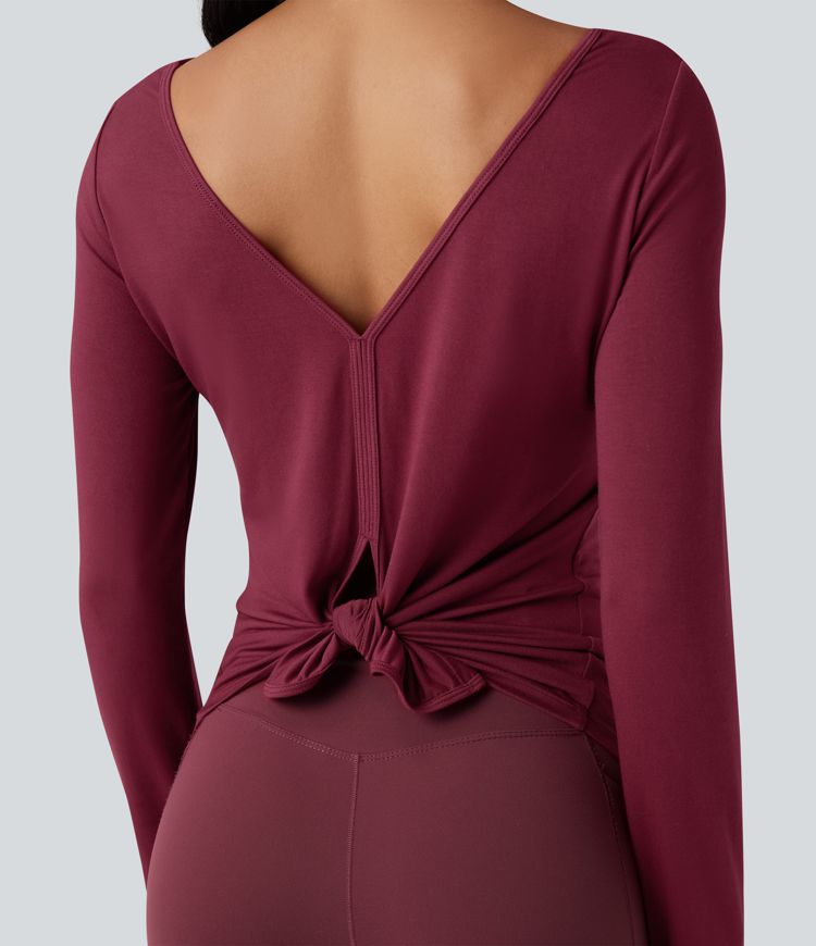 V-back Long Sleeve Thumb Holes Split Workout Sports Top