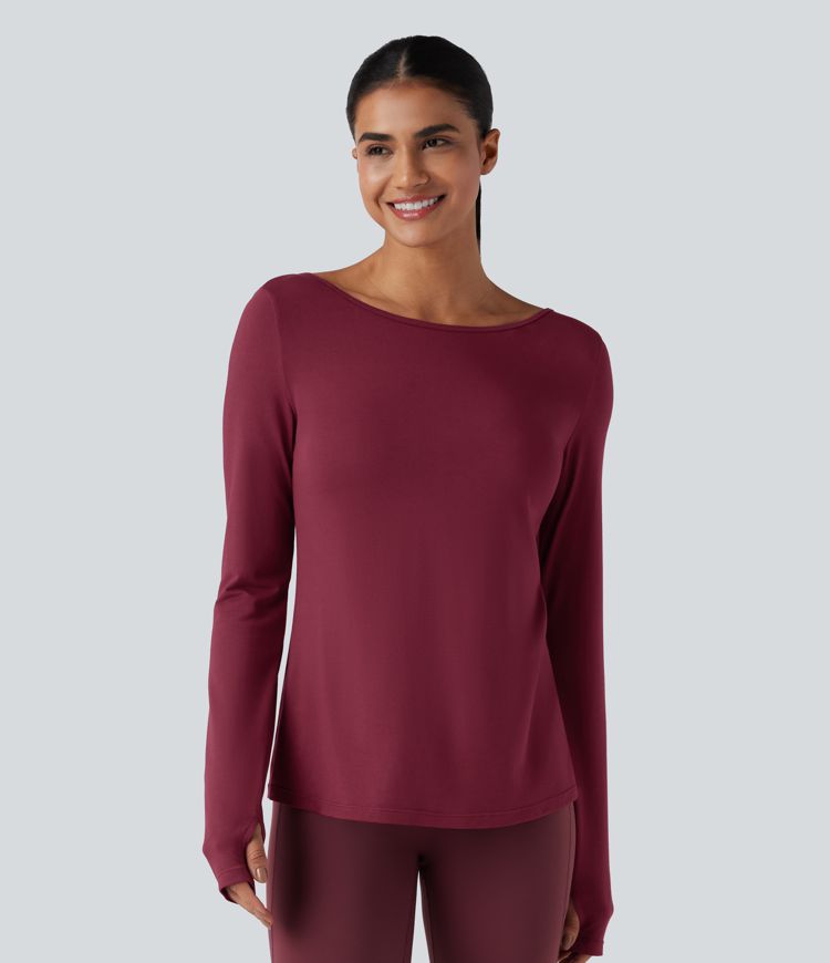 V-back Long Sleeve Thumb Holes Split Workout Sports Top