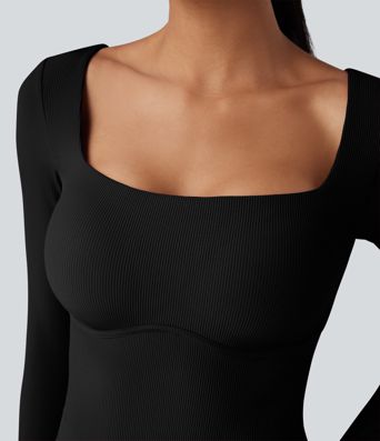 Ribbed Push-Up Square Neck Long Sleeve Thumb Holes Yoga Sports Top