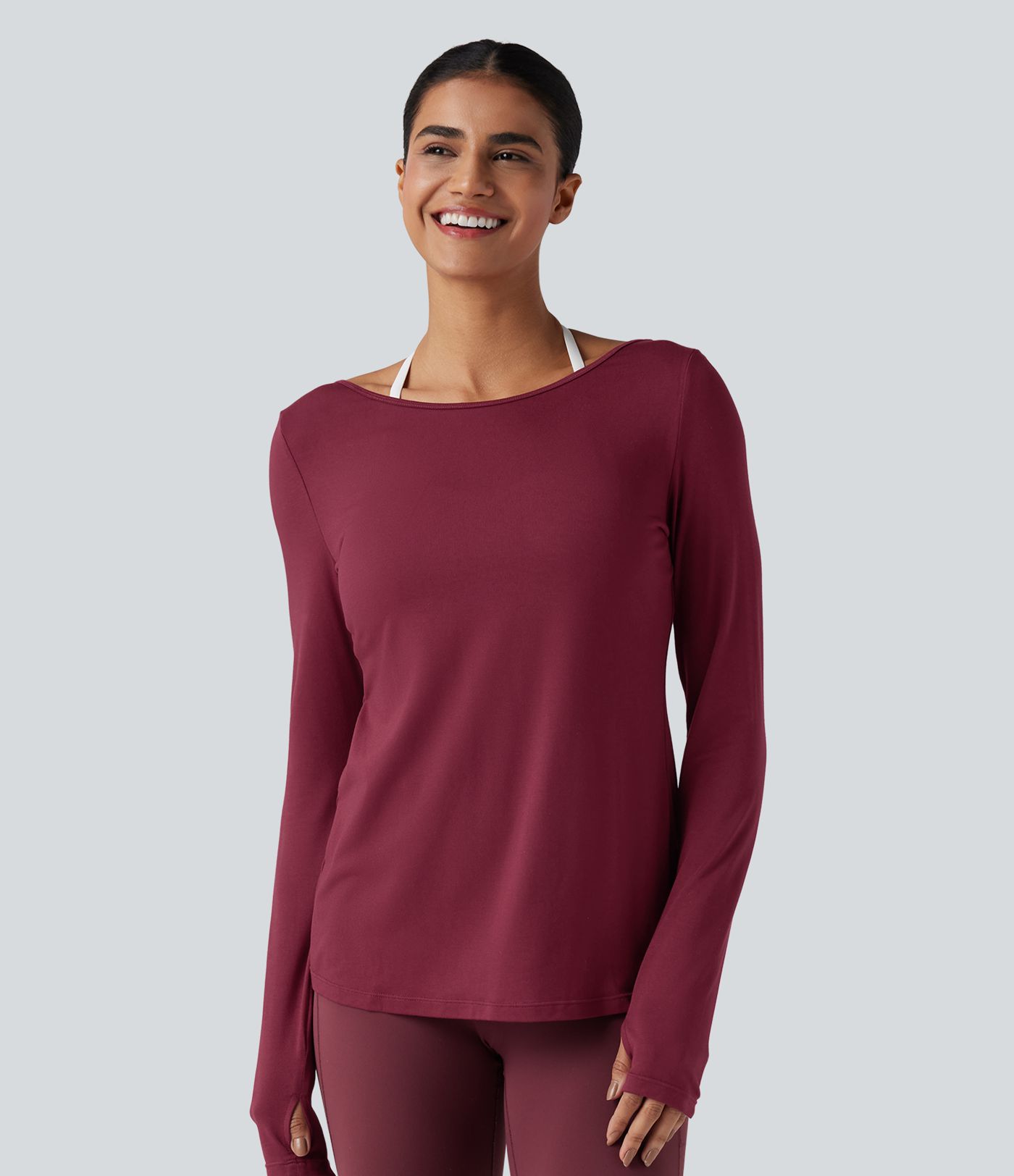 V-back Long Sleeve Thumb Holes Split Workout Sports Top