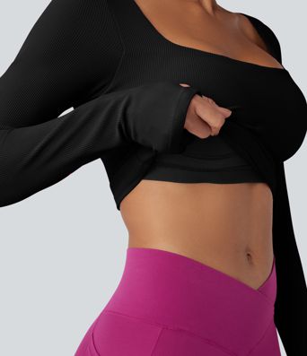 Ribbed Push-Up Square Neck Long Sleeve Thumb Holes Yoga Sports Top