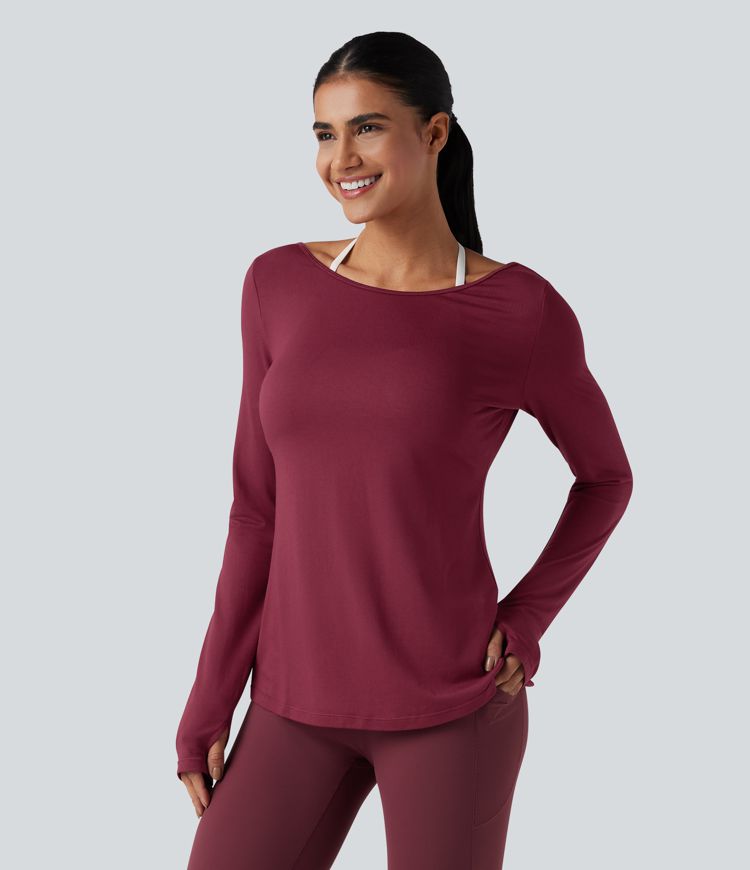 V-back Long Sleeve Thumb Holes Split Workout Sports Top