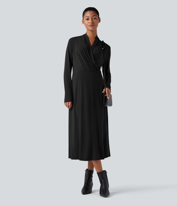 V-neck Long Sleeve Midi Work Dress with Pockets