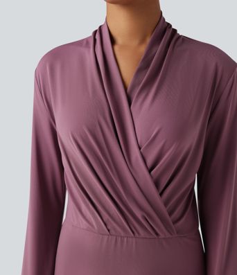 V-neck Long Sleeve Midi Work Dress with Pockets