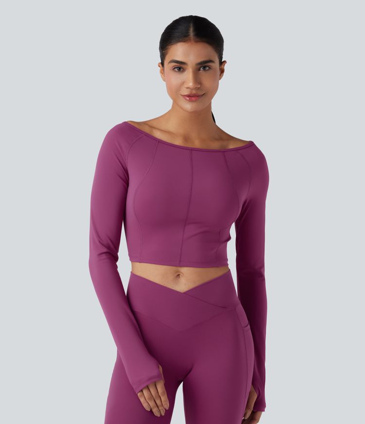 Haut de sport d'entraînement court décolleté bateau à manches longues avec passants pouces SoftlyZero™ Plush