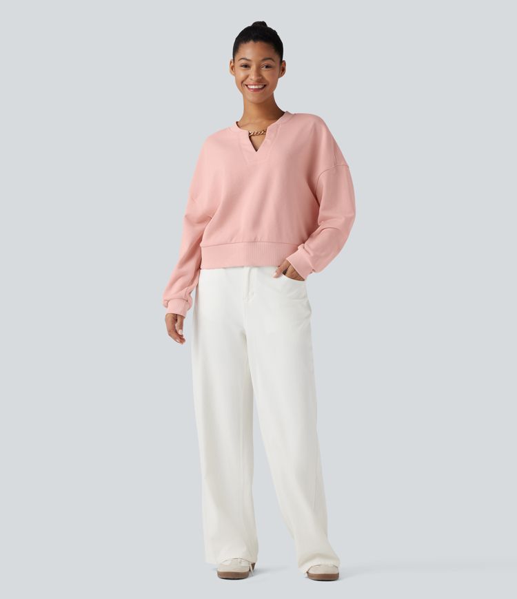 Sweat-shirt en coton col V avec chaîne à manches longues