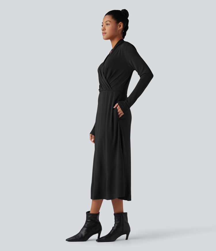 V-neck Long Sleeve Midi Work Dress with Pockets