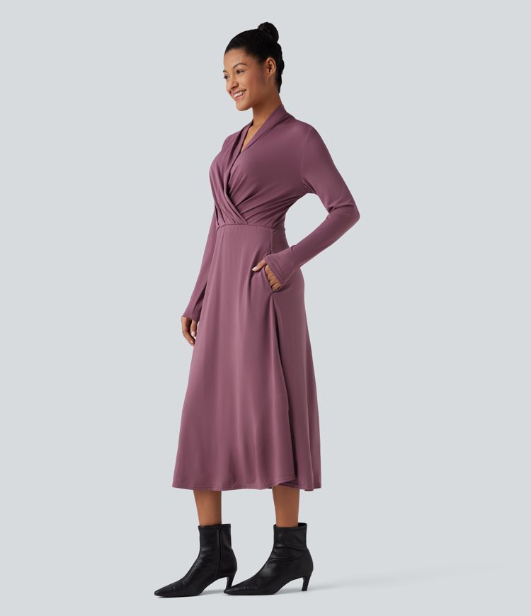 V-neck Long Sleeve Midi Work Dress with Pockets