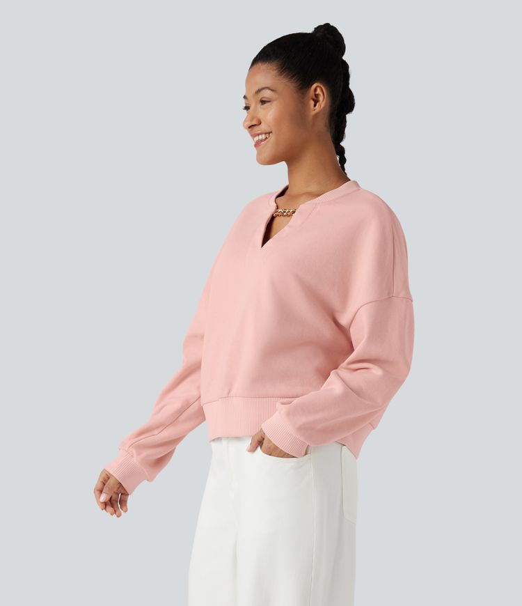 Sweat-shirt en coton col V avec chaîne à manches longues