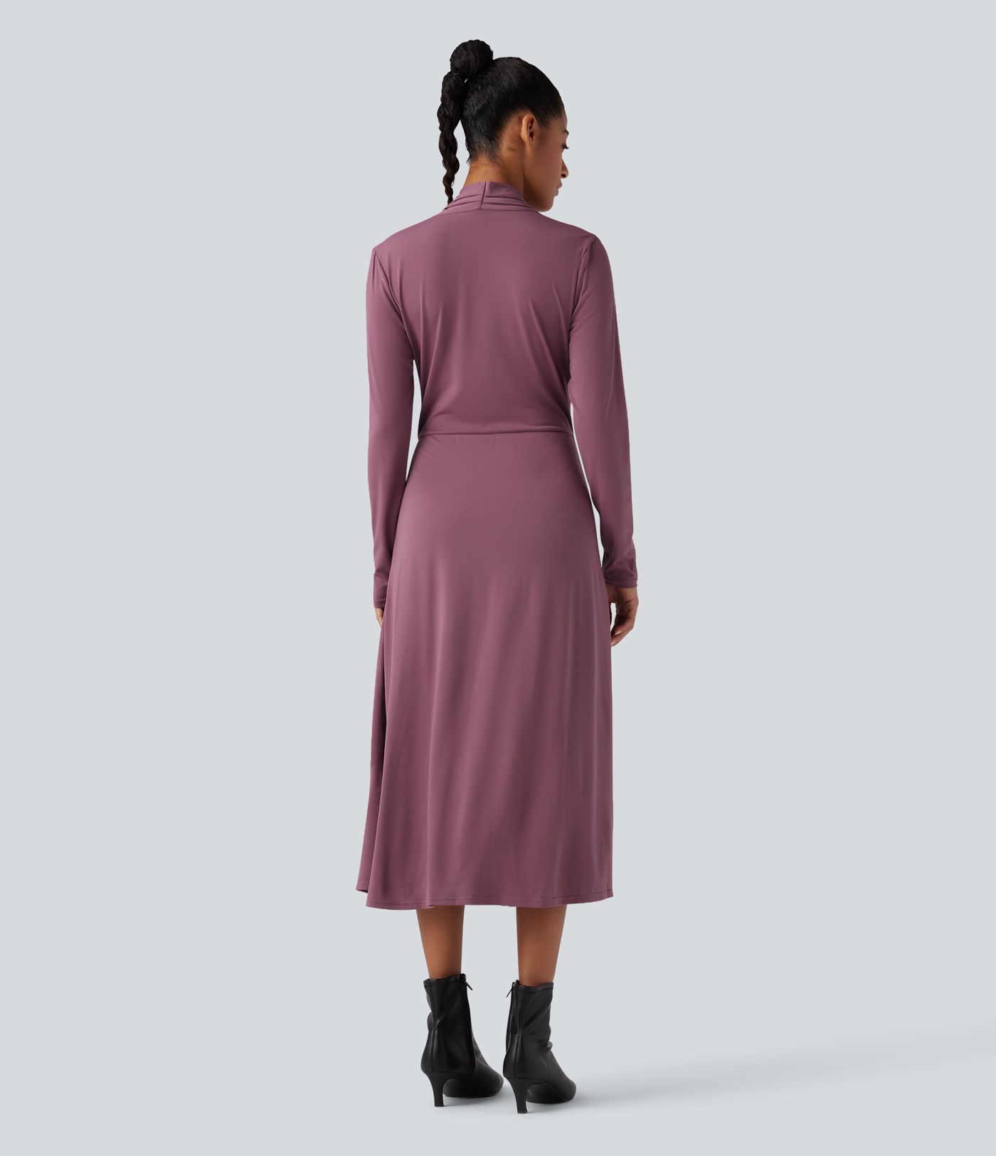 V-neck Long Sleeve Midi Work Dress with Pockets