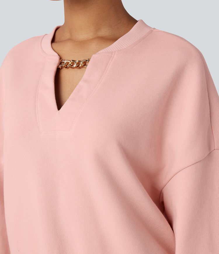 Sweat-shirt en coton col V avec chaîne à manches longues