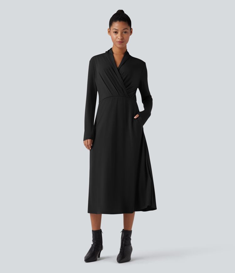 V-neck Long Sleeve Midi Work Dress with Pockets