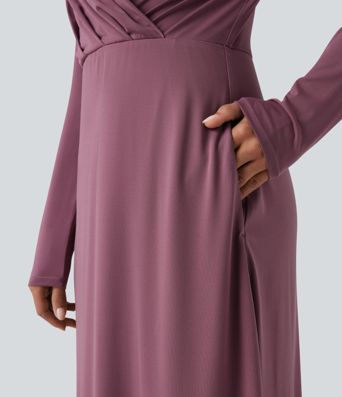 V-neck Long Sleeve Midi Work Dress with Pockets