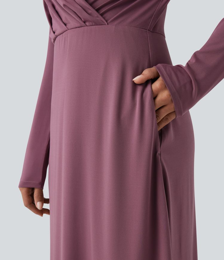 V-neck Long Sleeve Midi Work Dress with Pockets