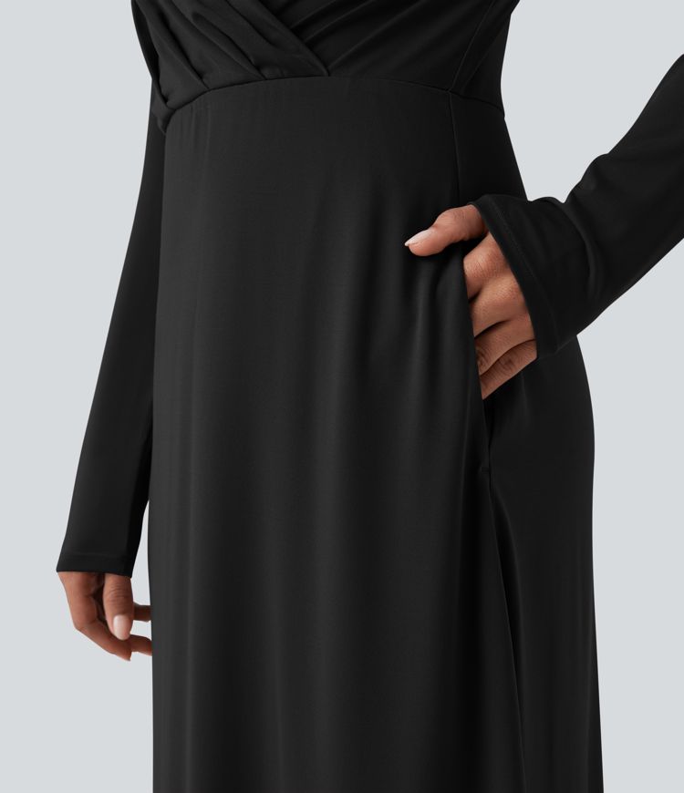 V-neck Long Sleeve Midi Work Dress with Pockets