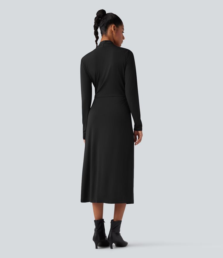V-neck Long Sleeve Midi Work Dress with Pockets