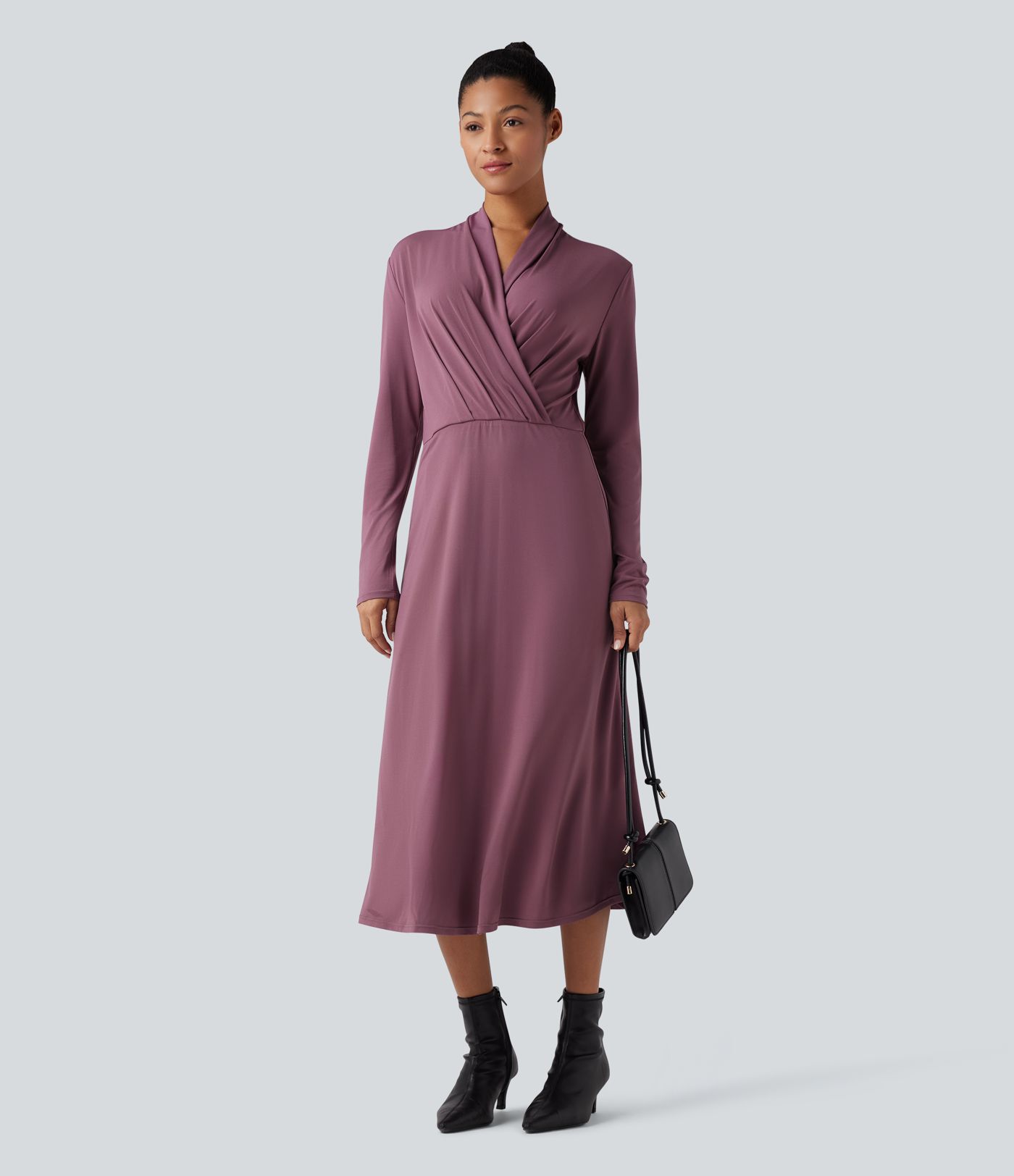 V-neck Long Sleeve Midi Work Dress with Pockets