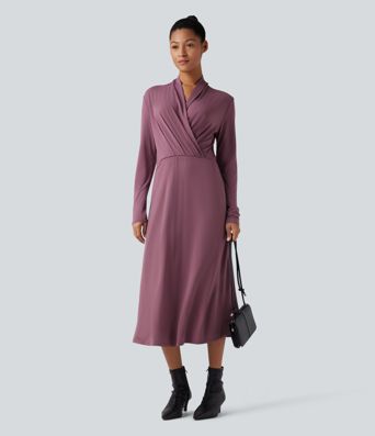 V-neck Long Sleeve Midi Work Dress with Pockets