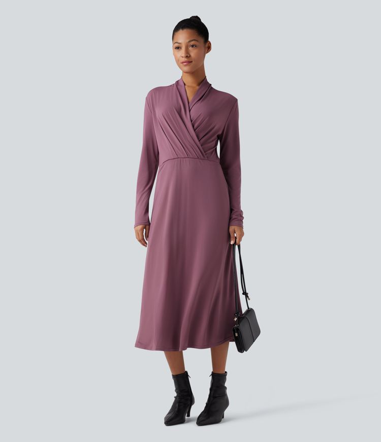 V-neck Long Sleeve Midi Work Dress with Pockets