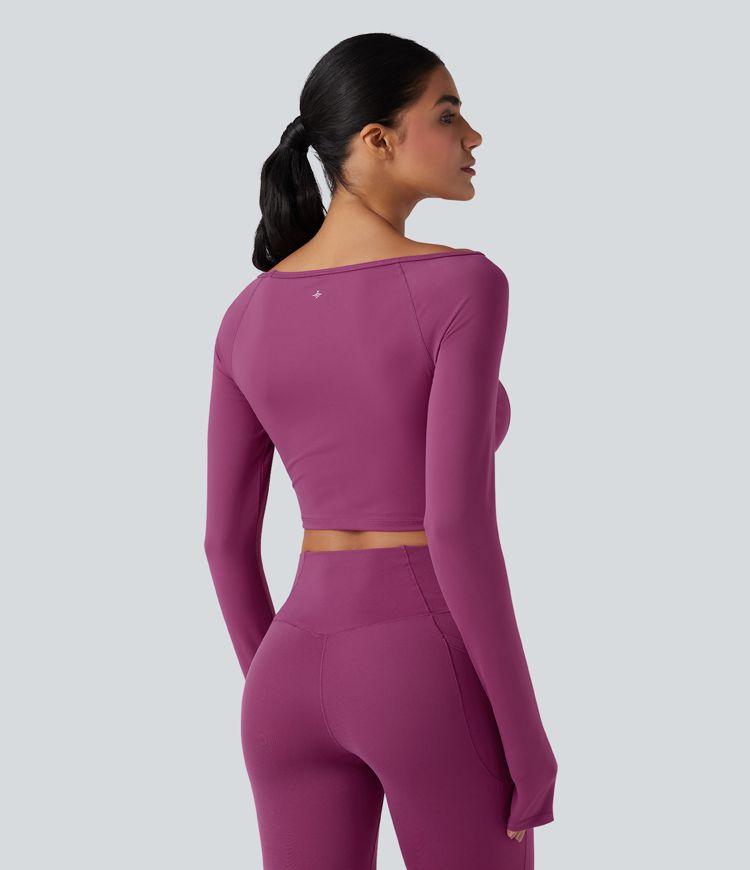 Haut de sport d'entraînement court décolleté bateau à manches longues avec passants pouces SoftlyZero™ Plush