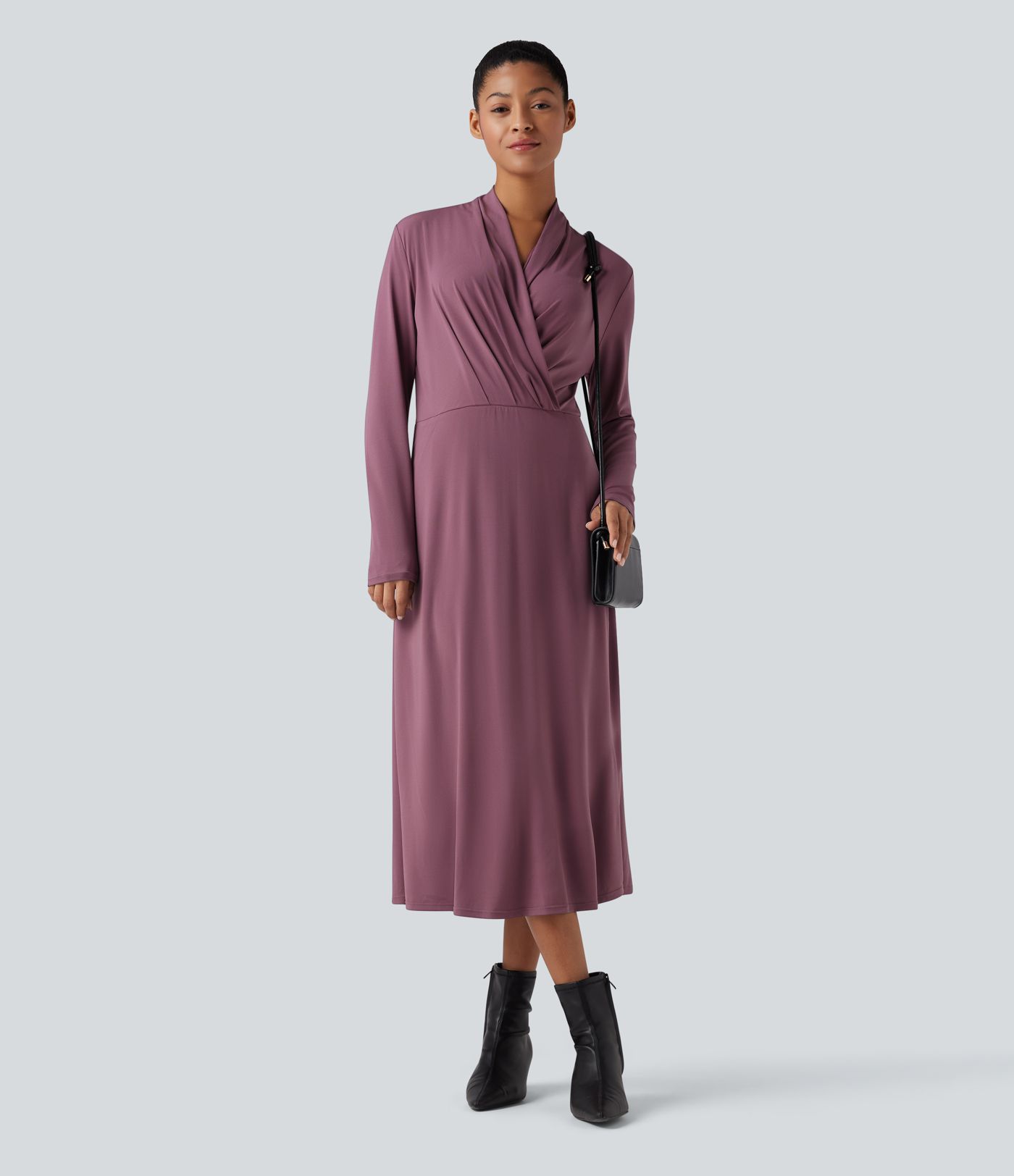 V-neck Long Sleeve Midi Work Dress with Pockets