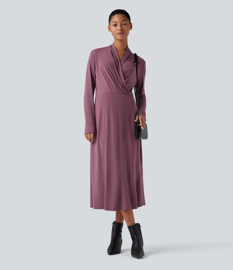 V-neck Long Sleeve Midi Work Dress with Pockets