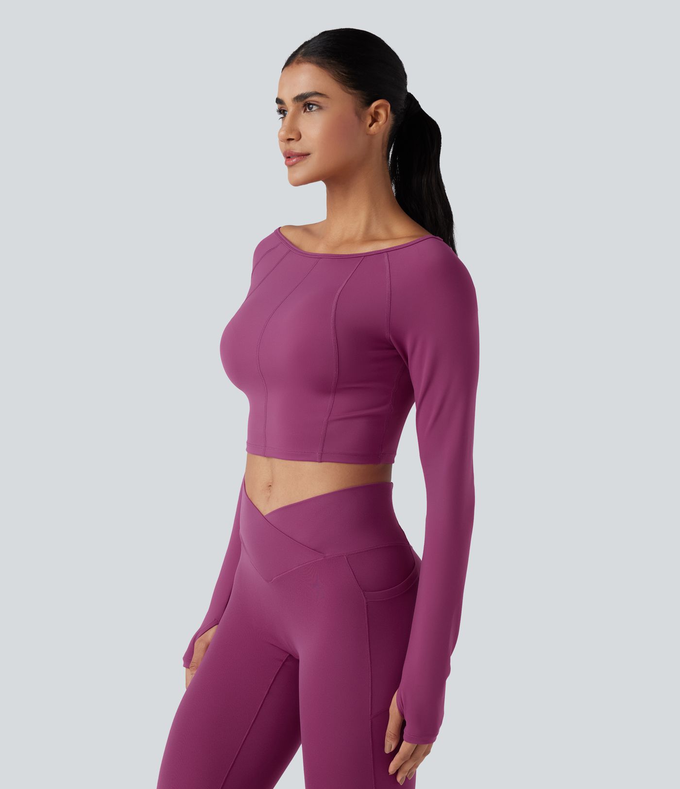 SoftlyZero™ Plush Boat Neck Long Sleeve Thumb Holes Cropped Workout Sports Top