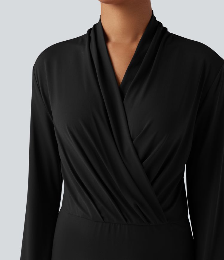 V-neck Long Sleeve Midi Work Dress with Pockets