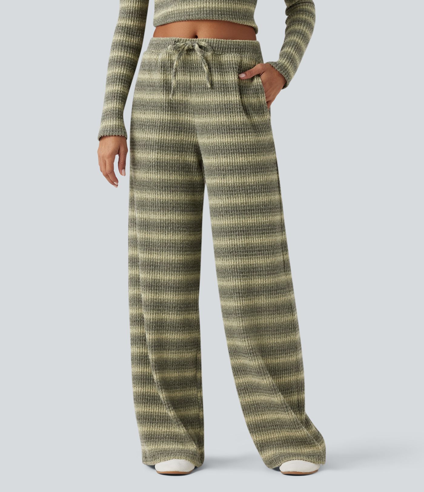 Mid Rise Drawstring Wide Leg Waffle Gradient Stripe Casual Pants with Pockets