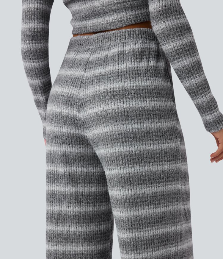Mid Rise Drawstring Wide Leg Waffle Gradient Stripe Casual Trousers with Pockets