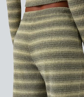 Mid Rise Drawstring Wide Leg Waffle Gradient Stripe Casual Pants with Pockets