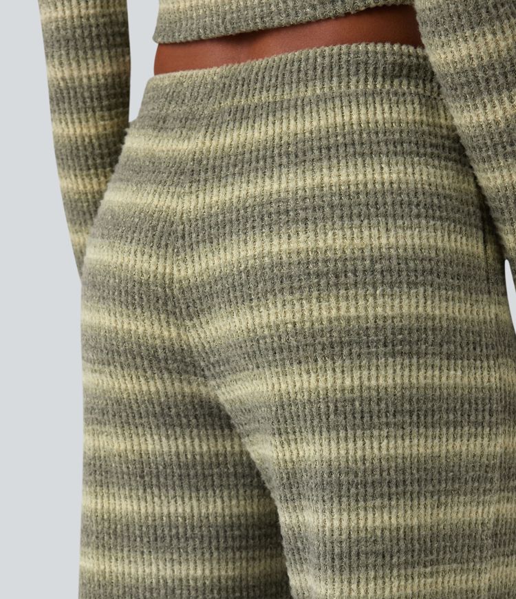 Mid Rise Drawstring Wide Leg Waffle Gradient Stripe Casual Pants with Pockets