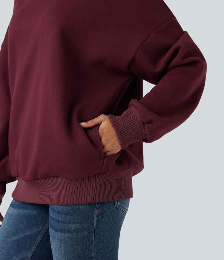 Mock-neck Fleece Relaxed Casual Cotton Sweatshirt with Pockets