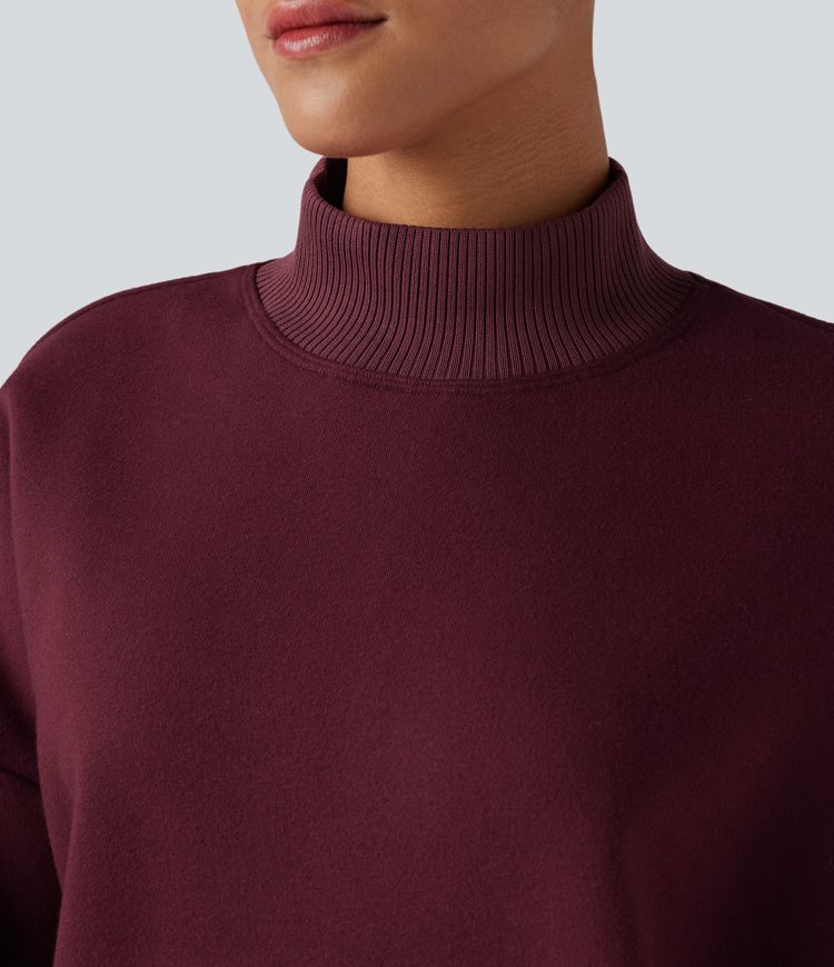 Mock-neck Fleece Relaxed Casual Cotton Sweatshirt with Pockets