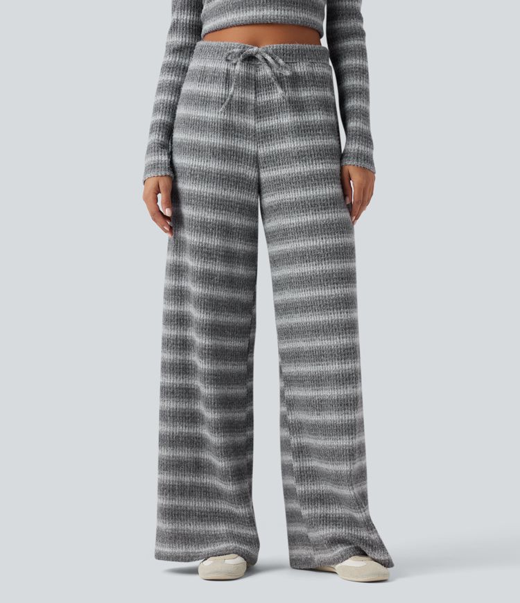 Mid Rise Drawstring Wide Leg Waffle Gradient Stripe Casual Trousers with Pockets