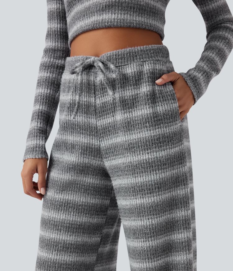 Mid Rise Drawstring Wide Leg Waffle Gradient Stripe Casual Trousers with Pockets