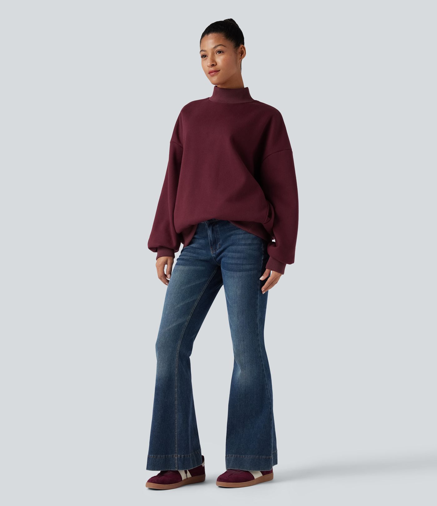 Mock-neck Fleece Relaxed Casual Cotton Sweatshirt with Pockets