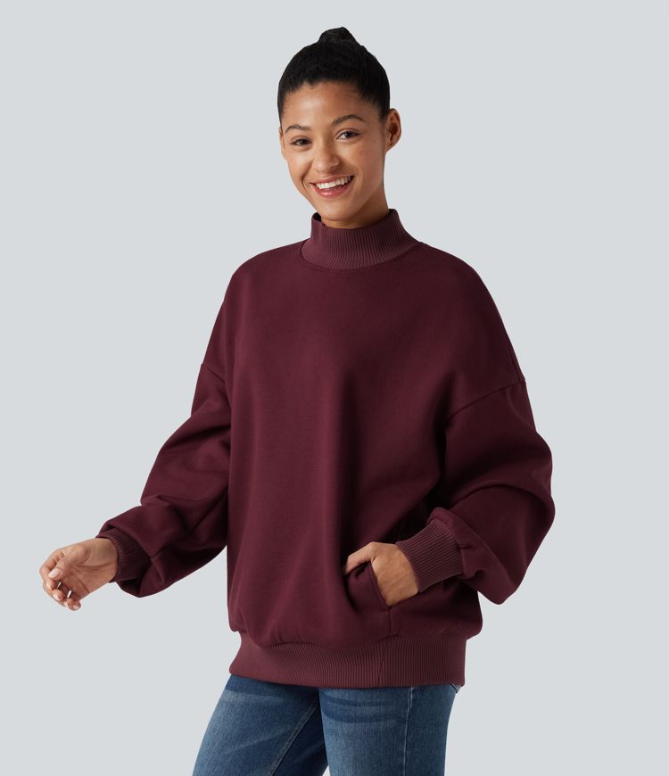 Mock-neck Fleece Relaxed Casual Cotton Sweatshirt with Pockets