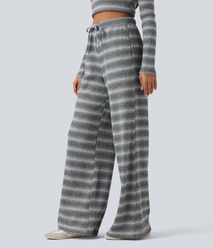 Mid Rise Drawstring Wide Leg Waffle Gradient Stripe Casual Trousers with Pockets