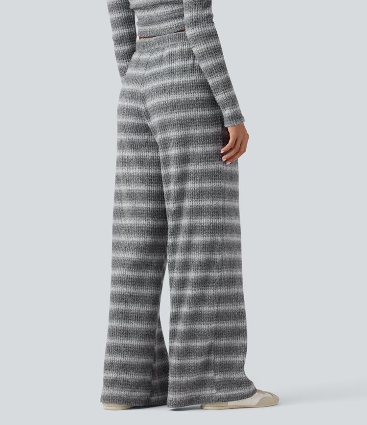 Mid Rise Drawstring Wide Leg Waffle Gradient Stripe Casual Trousers with Pockets