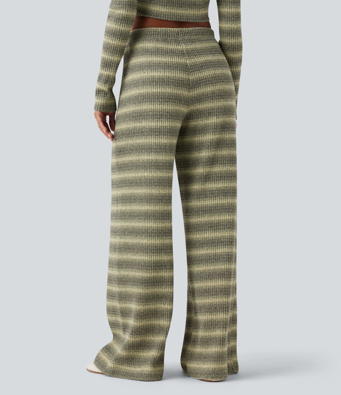 Mid Rise Drawstring Wide Leg Waffle Gradient Stripe Casual Pants with Pockets