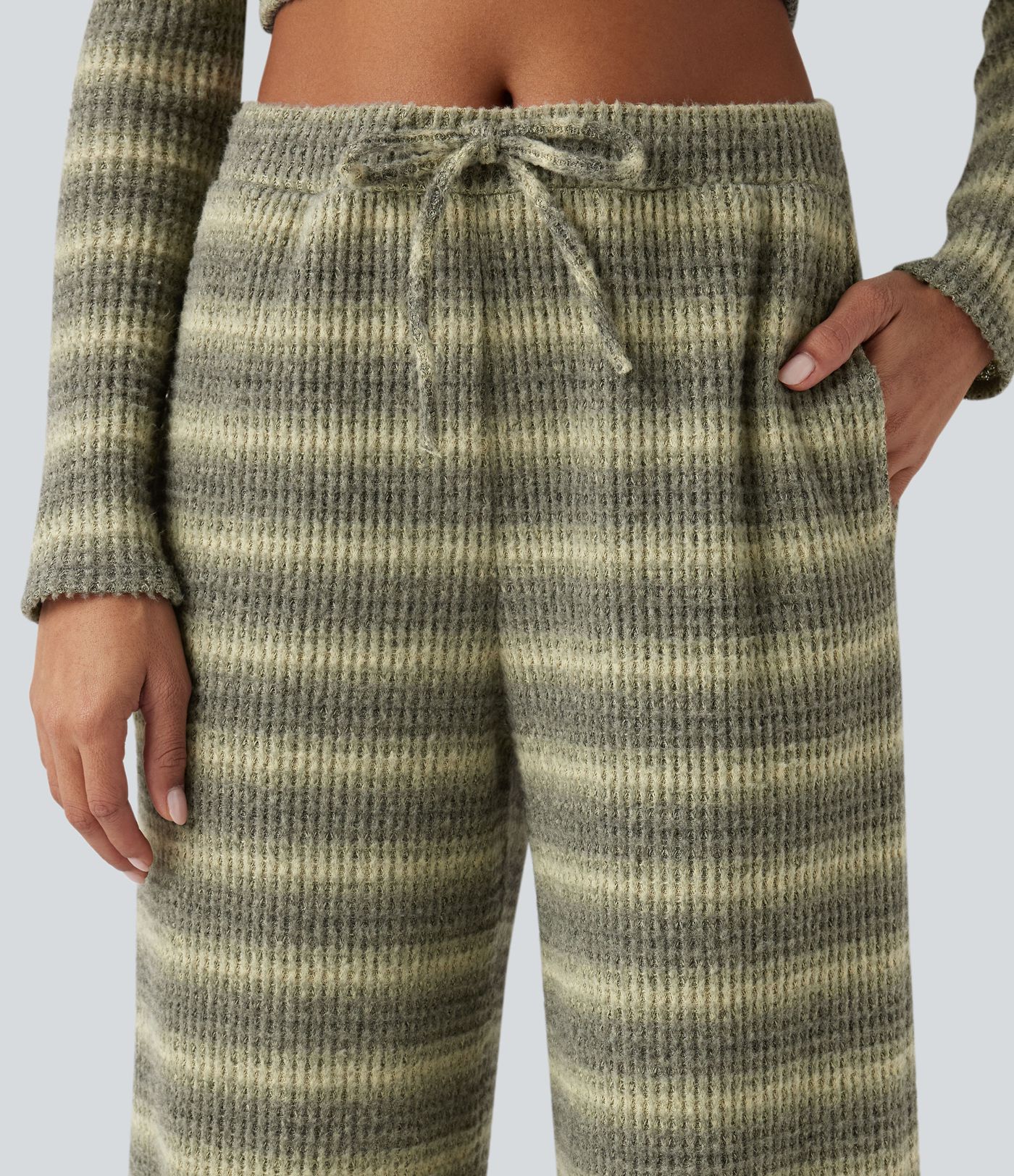 Mid Rise Drawstring Wide Leg Waffle Gradient Stripe Casual Pants with Pockets