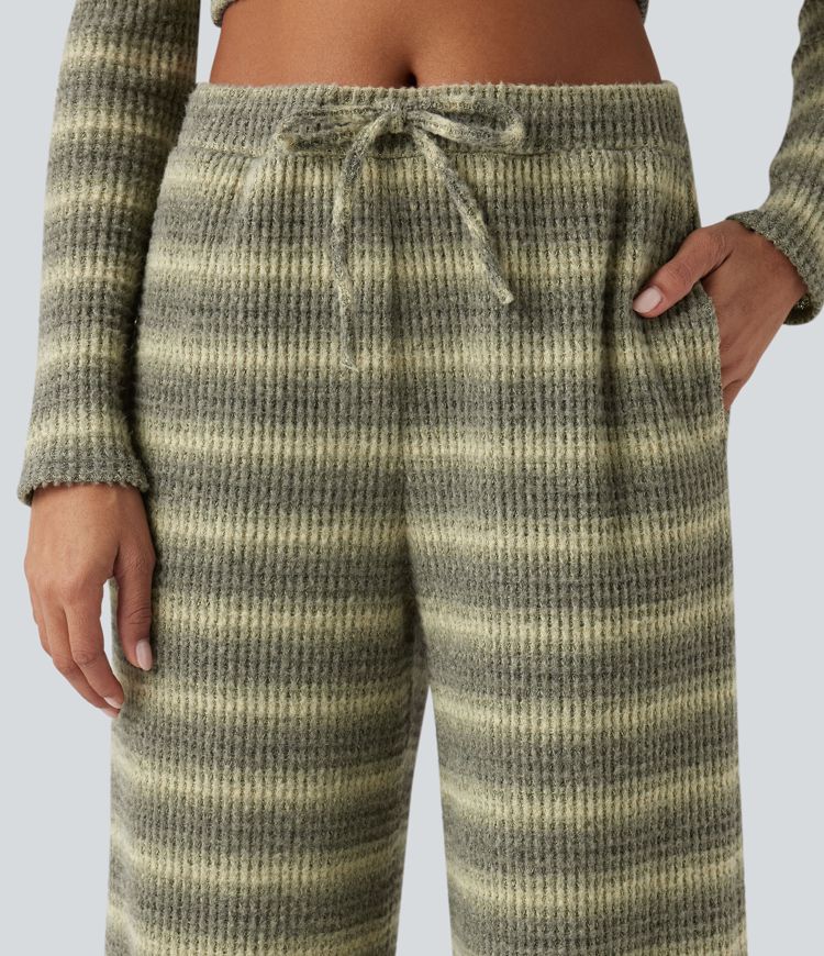 Mid Rise Drawstring Wide Leg Waffle Gradient Stripe Casual Pants with Pockets