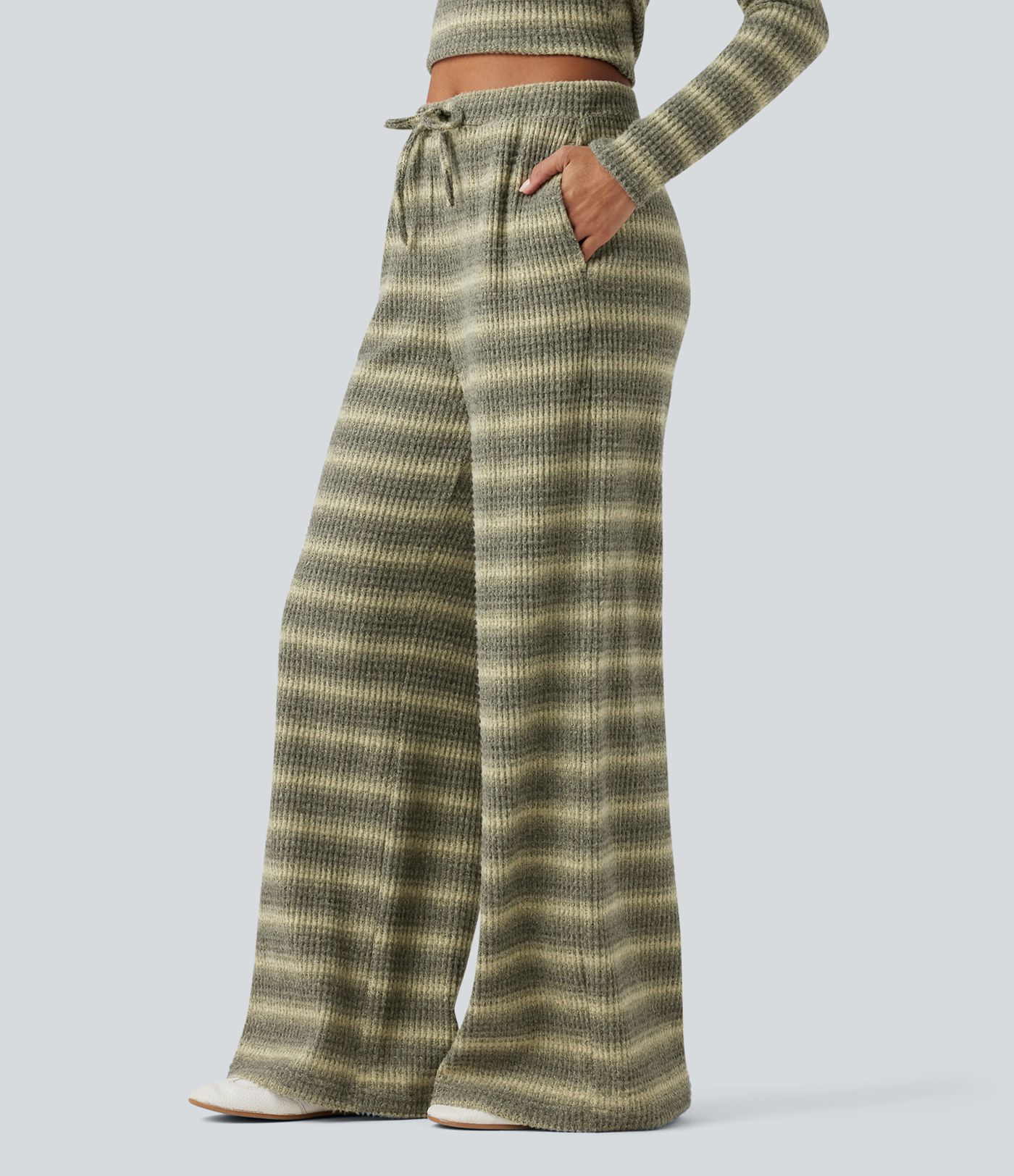 Mid Rise Drawstring Wide Leg Waffle Gradient Stripe Casual Pants with Pockets