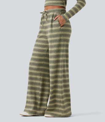 Mid Rise Drawstring Wide Leg Waffle Gradient Stripe Casual Pants with Pockets