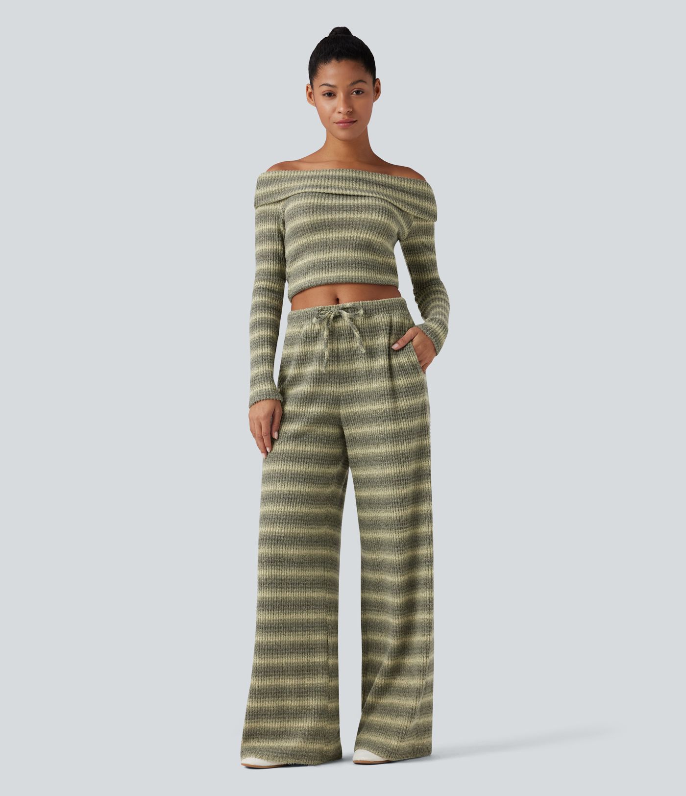 Mid Rise Drawstring Wide Leg Waffle Gradient Stripe Casual Pants with Pockets