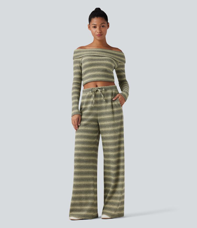 Mid Rise Drawstring Wide Leg Waffle Gradient Stripe Casual Pants with Pockets