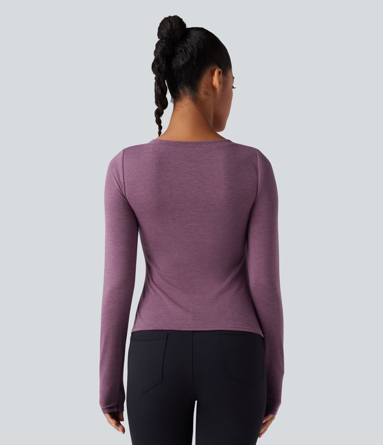 Molded Cups Push-Up V-neck Long Sleeve Ruched Split Hem Casual Top