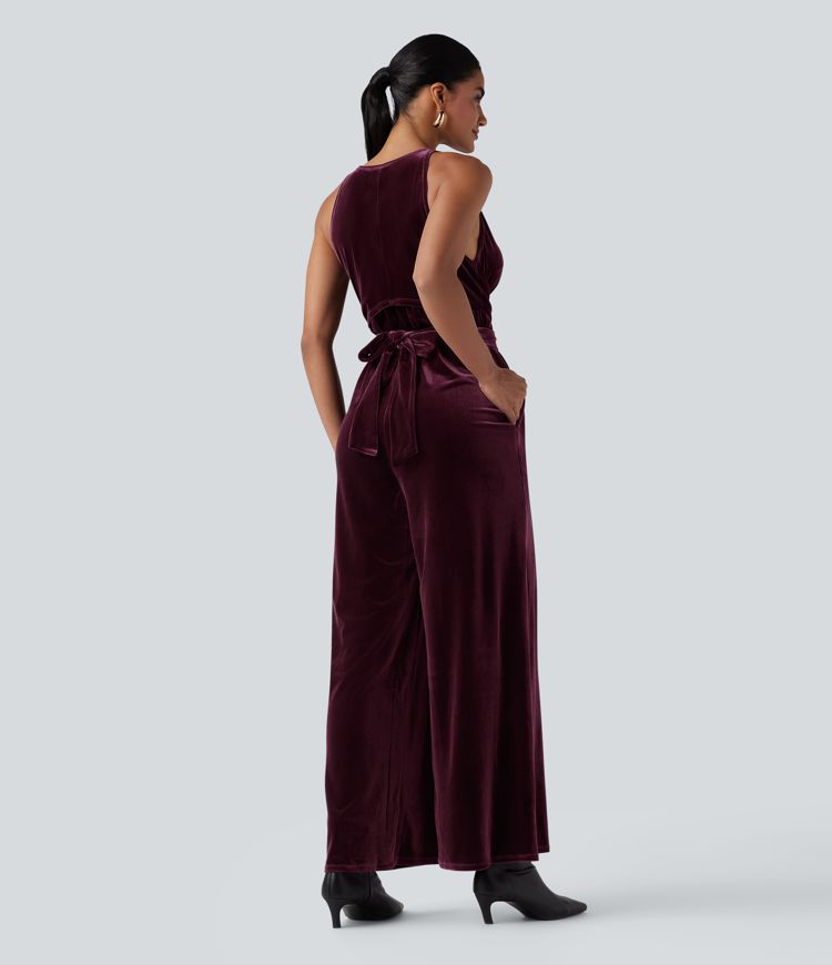 Round Neck Sleeveless Tie Back Velvet Party Jumpsuit with Pockets