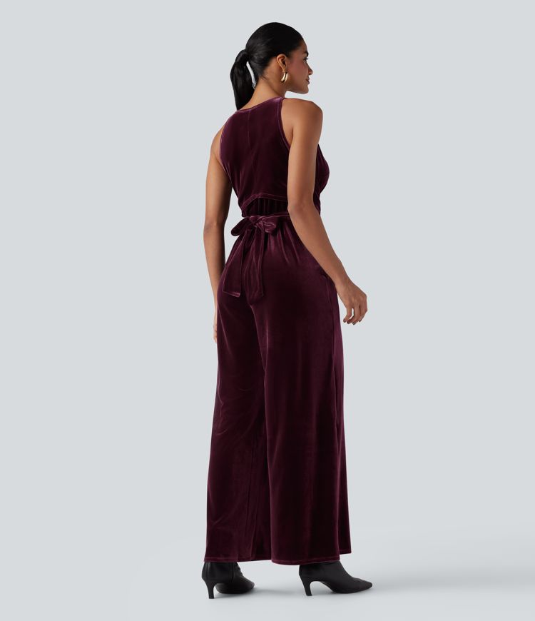 Round Neck Sleeveless Tie Back Velvet Party Jumpsuit with Pockets